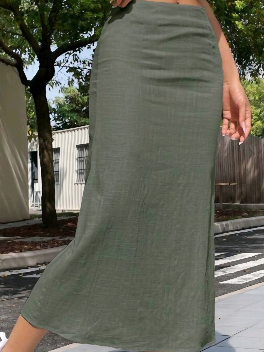 Mininalist Olive Green Linen Blend Maxi Skirt - Women